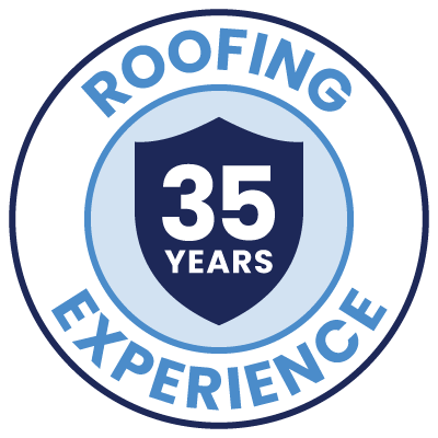 Logo celebrating 35 years of roofing experience with a blue and white design.