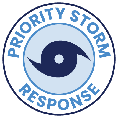 Logo with 'Priority Storm Response' text and a hurricane icon on a light blue background