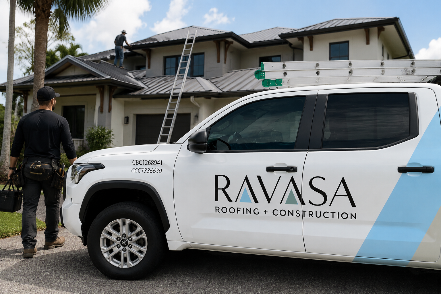 RAVASA Roofing + Construction truck with a house in the background and roofer on the roof