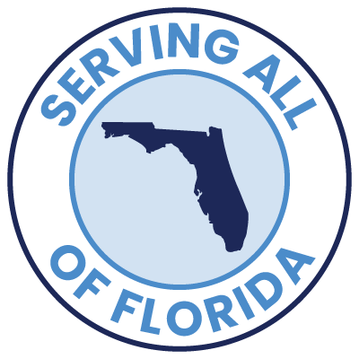Logo with a map of Florida and text 'Serving All of Florida' on a light blue background